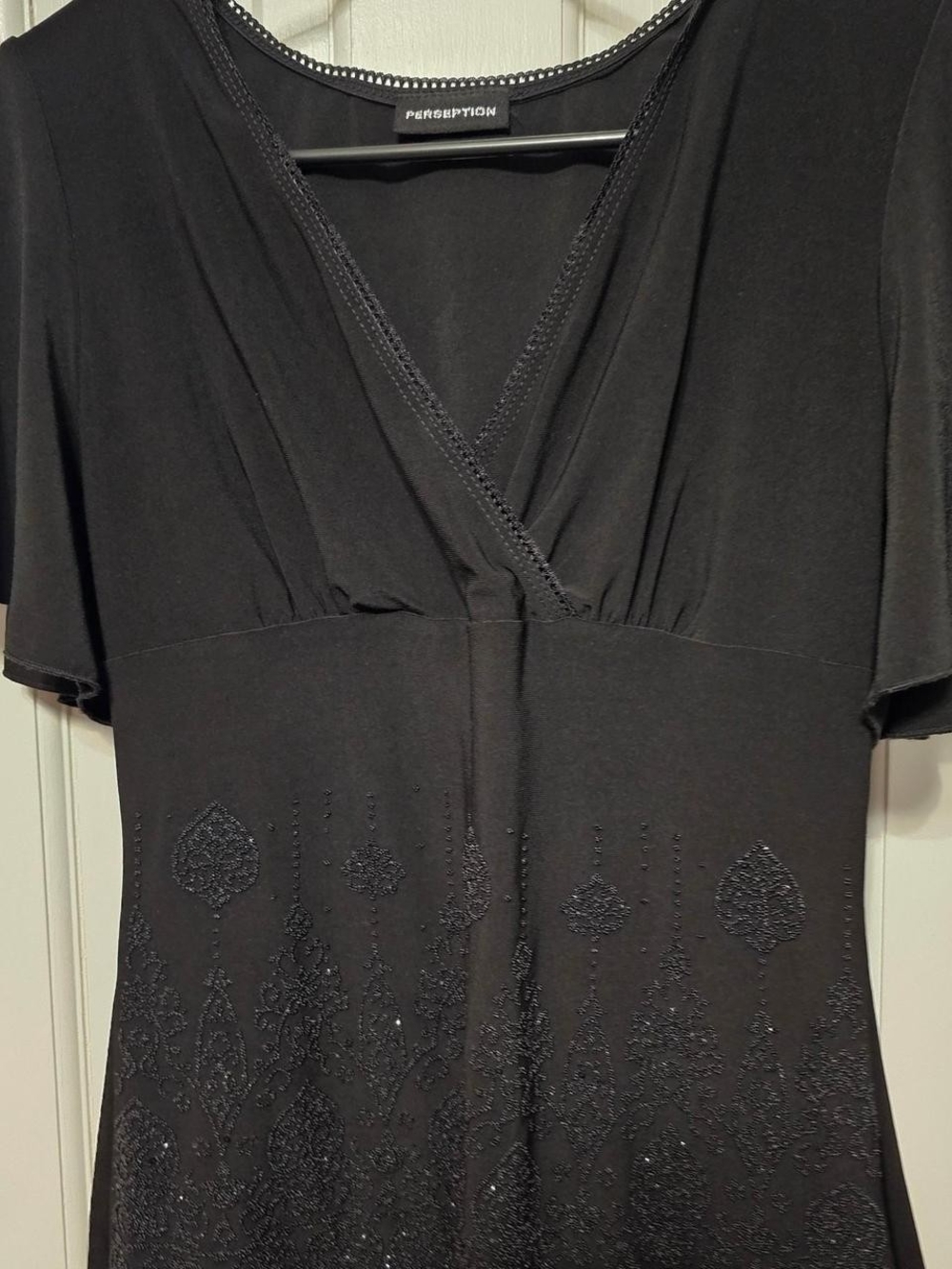 Perseption Black V-Neck Beaded Babydoll Style Blouse